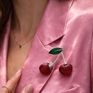 Romantic Red Cherry Silver Brooch